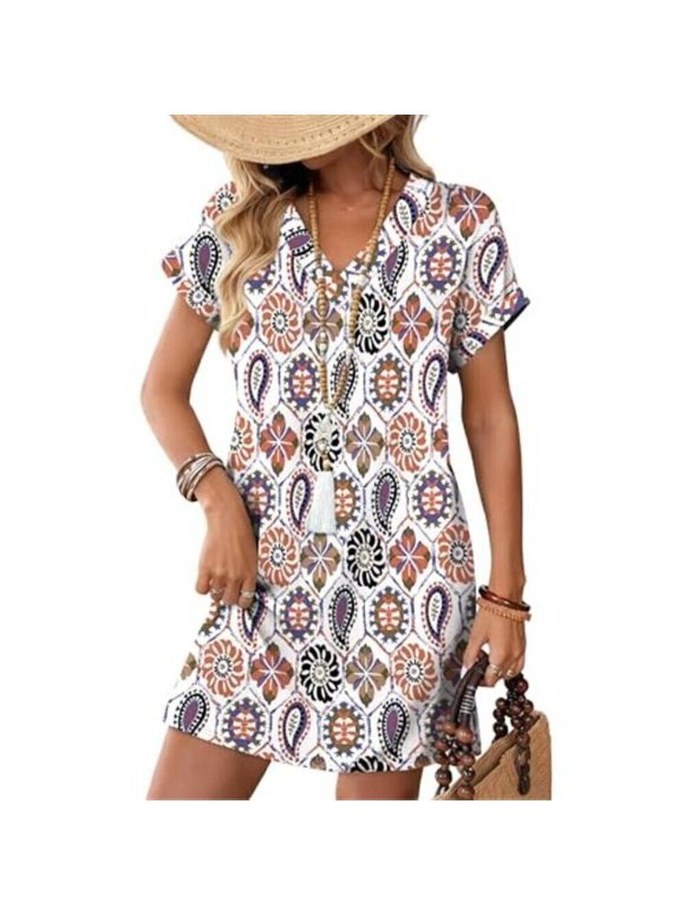 Casual T-Shirt Dress V-Neck Short Sleeve Colorful Floral Dress with Pockets